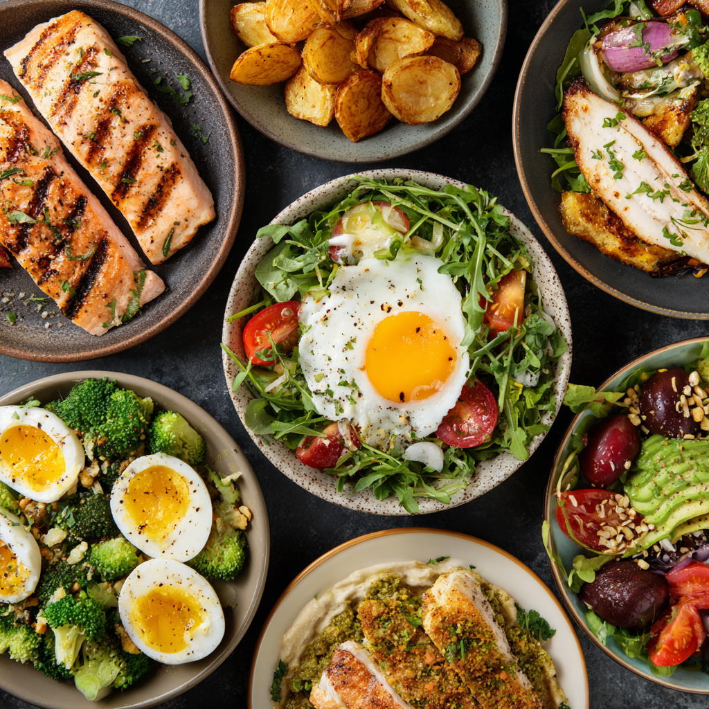 Diverse healthy meals representing different dietary approaches for mature adults